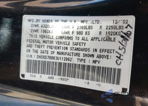 2003 Honda Cr-V Ex из США, поврежденный, VIN SHSRD78863U112962